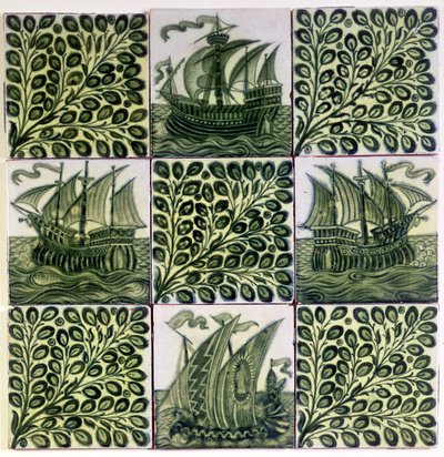 Nine Tiles Depicting Ships and Olive Branches by William de Morgan